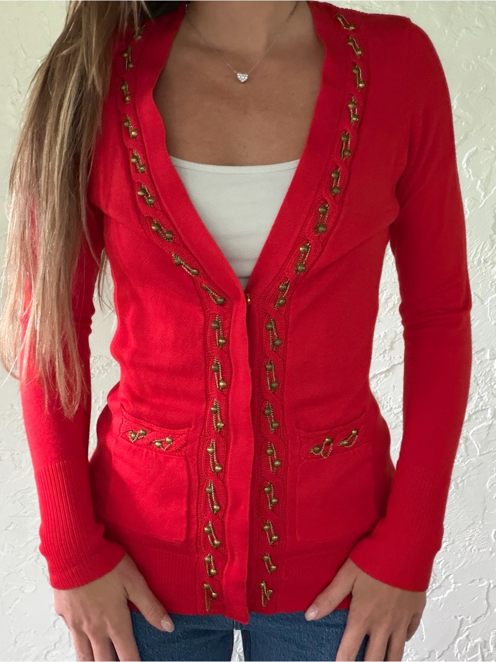 Cache Red Embellished Women's Cardigan